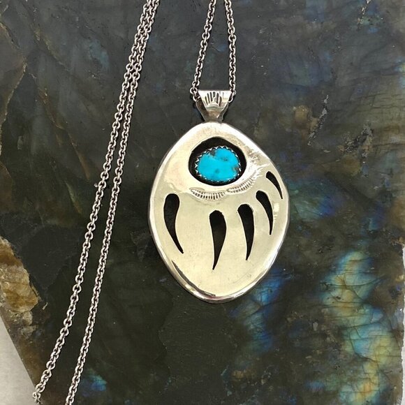 VTG Sterling Silver 925 Southwest Bear Pawn Shadowbox Turquoise Pendant Necklace - Picture 11 of 16